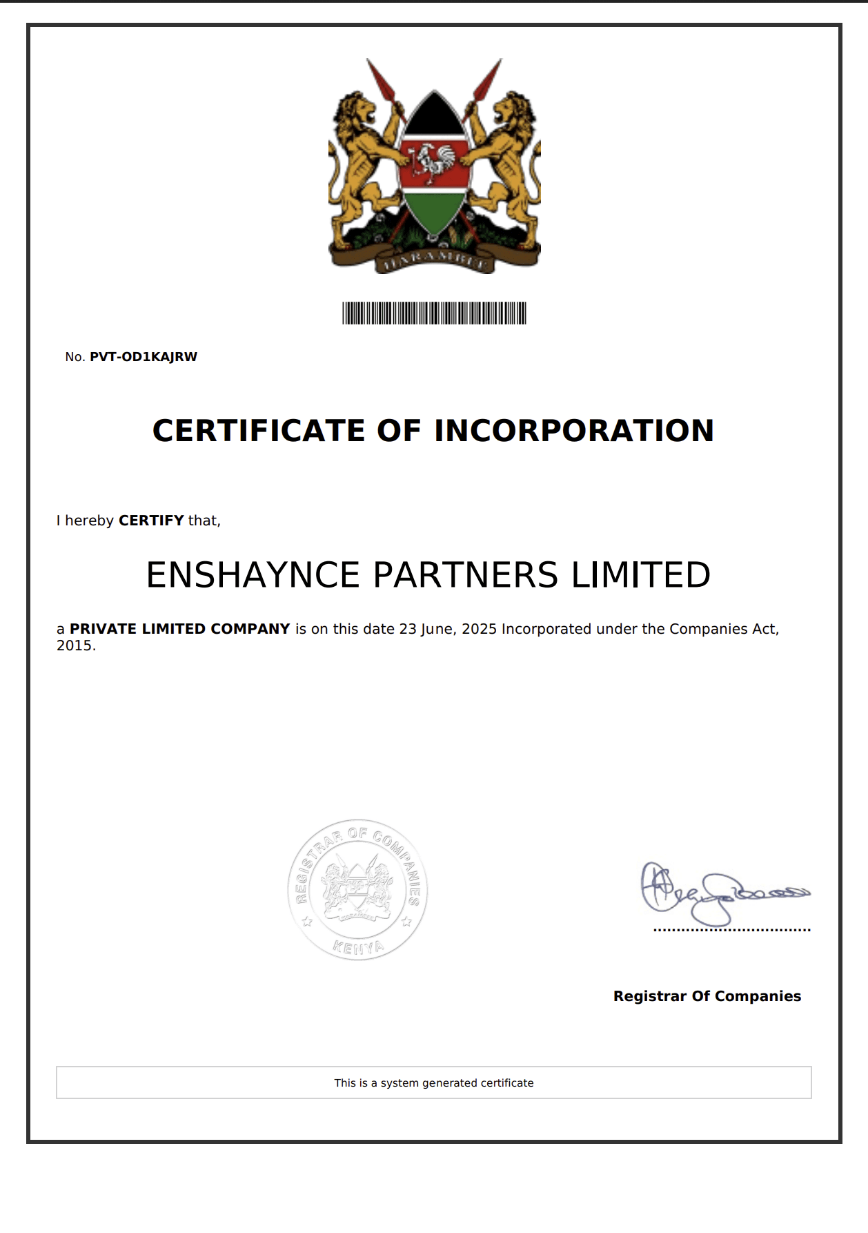 Certificate of Incorporation for Enshaynce Partners Limited.