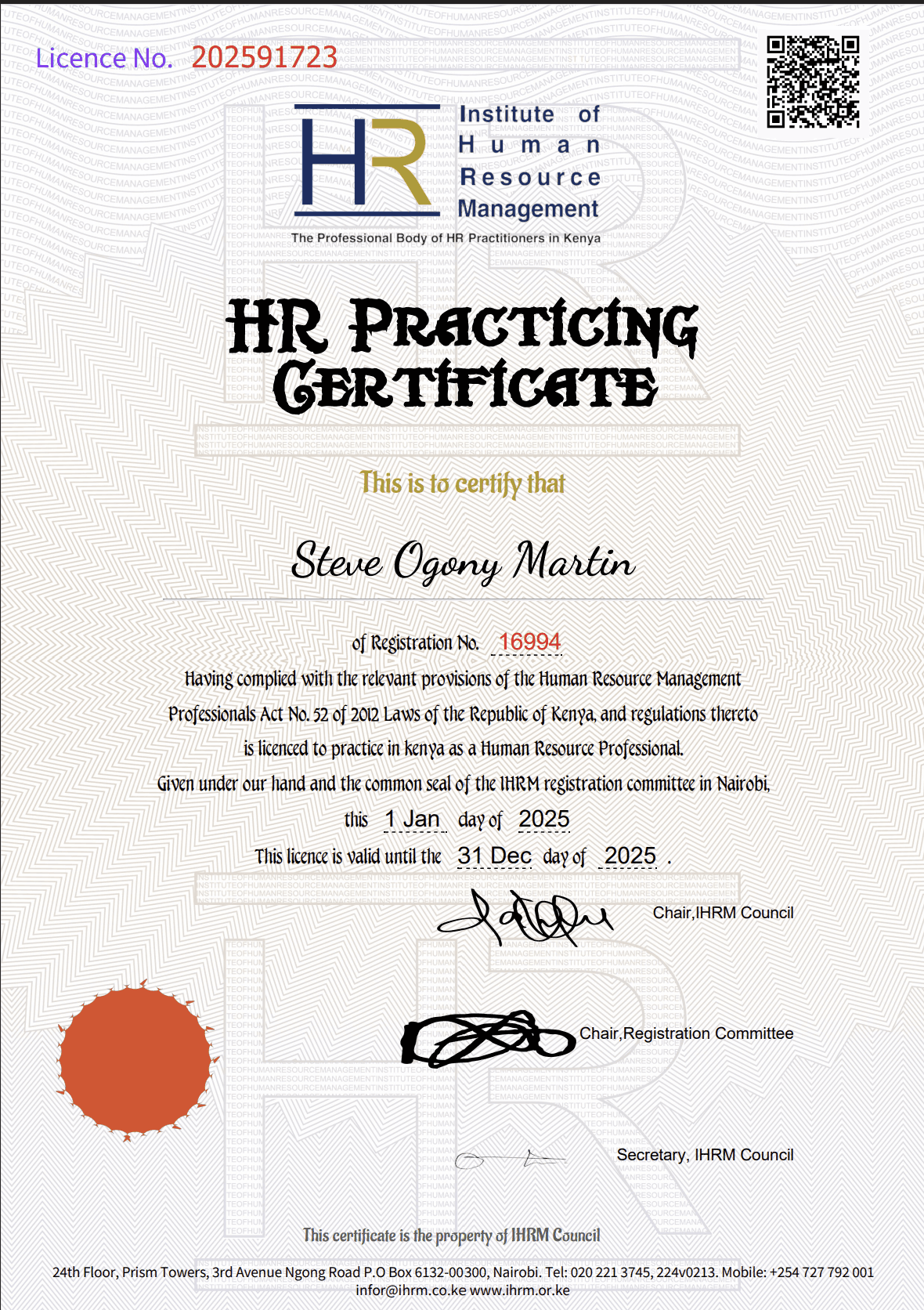 IHRM Practicing Certificate for Enshaynce Partners Limited's Managing Partner.