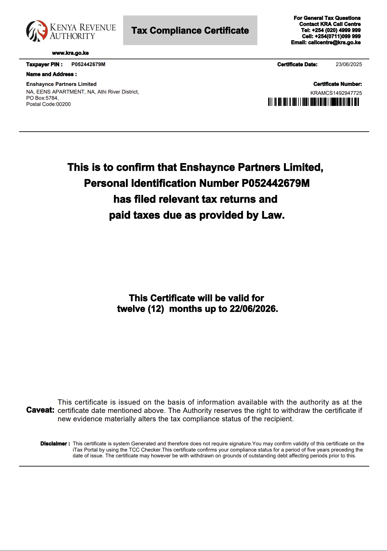 KRA Tax Compliance Certificate for Enshaynce Partners Limited.